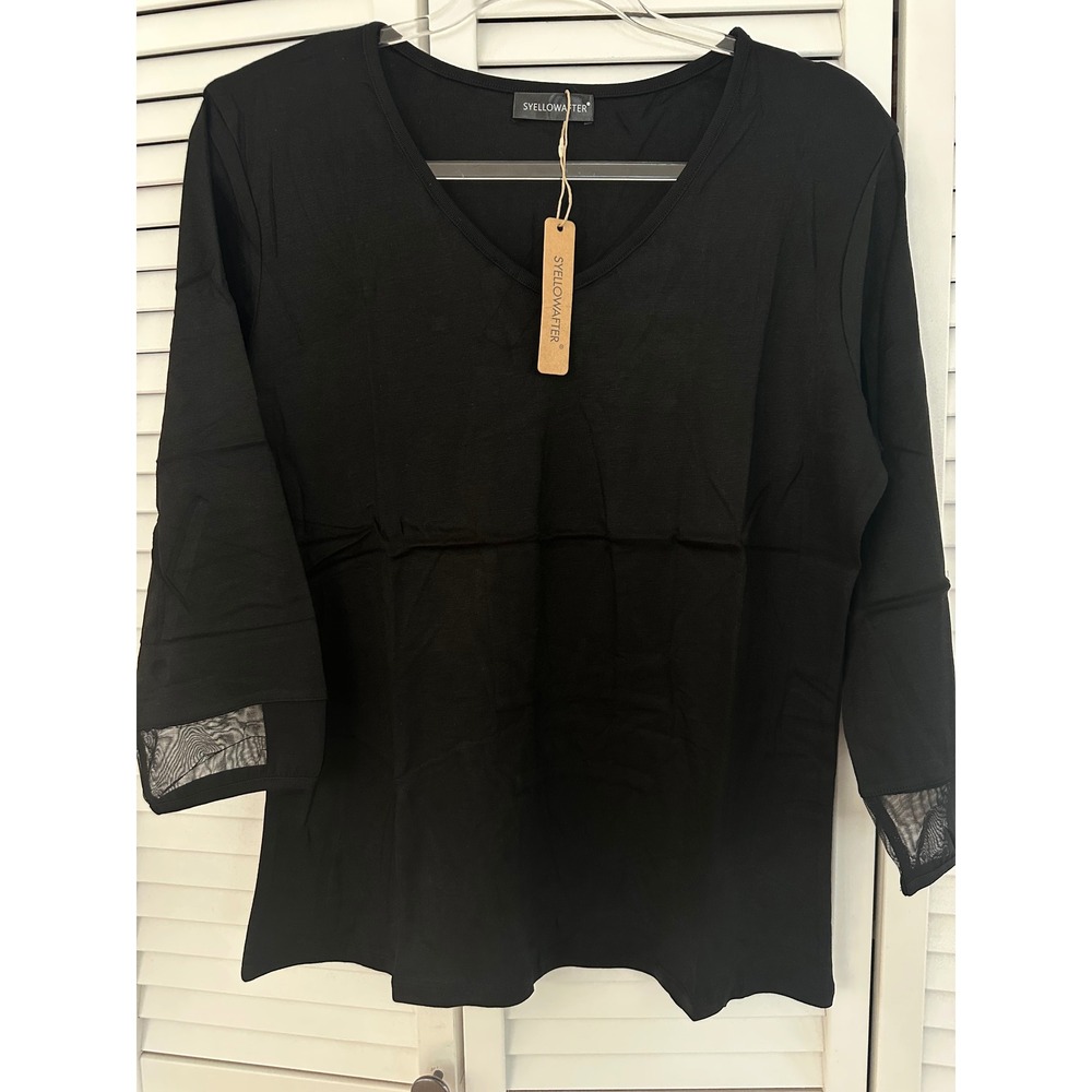Syellowafter‎ Womens V Neck 3/4 Sleeve Summer Top Mesh Detail Black Tee M